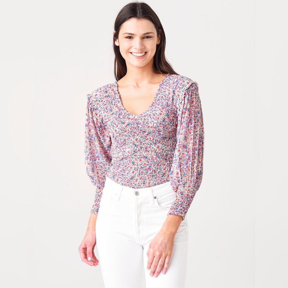 Steve Madden BB Dakota Purple Pink Puff Sleeve Smocked Blouse